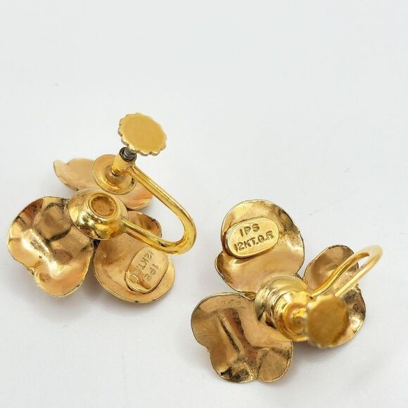 Vintage IPS 12kt fillagree flower pearl screwback earrings - Picture 5 of 6